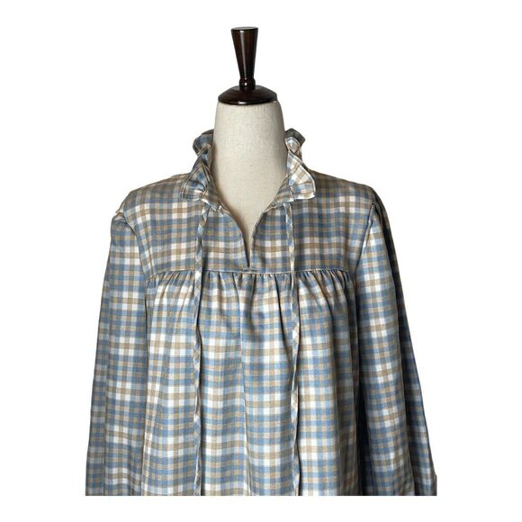 Glamorous Asos Blue Tan And Ivory Plaid‎ Ruffled Tie Neck Mini Dress Size S - Picture 4 of 11